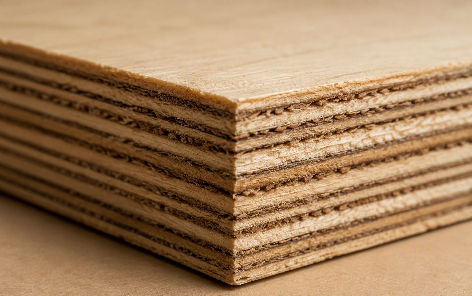 Close-up of plywood edge showing cross-laminated veneer layers separated by glue lines