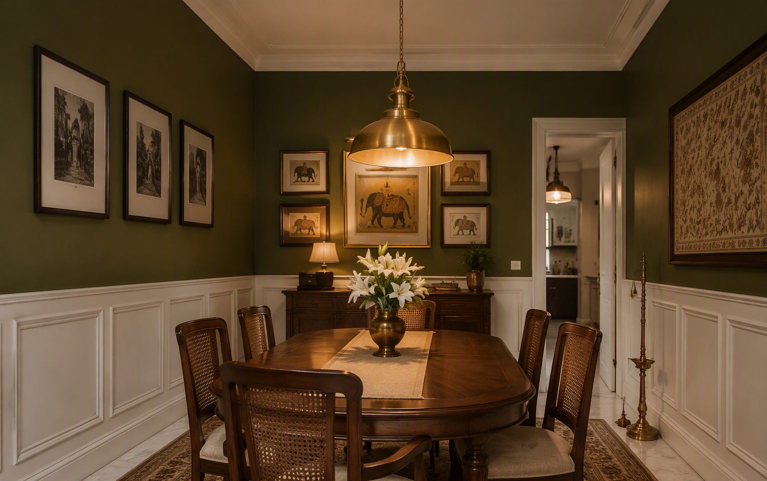 Indian dining room with white wainscoting and deep olive green walls, brass pendant light