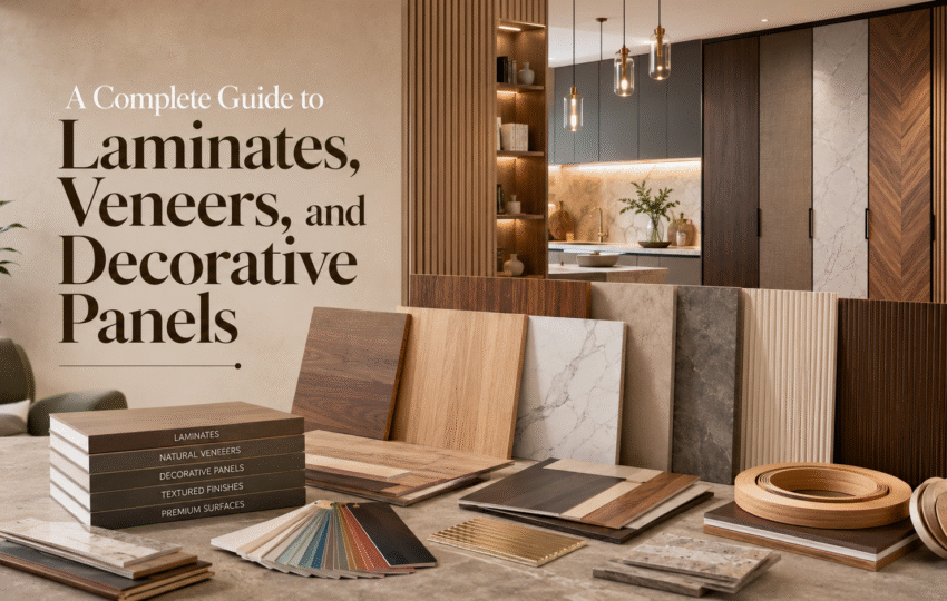 Laminates, veneers and decorative panels in Bangalore — sample boards, edge banding and a modern kitchen with fluted and marble-finish panels