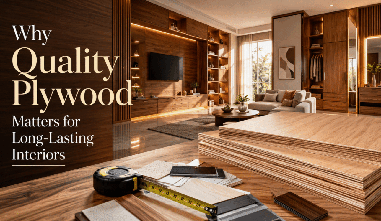 Quality plywood in Bangalore — stacked plywood sheets beside a finished living room and wardrobe interior