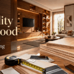 Quality plywood in Bangalore — stacked plywood sheets beside a finished living room and wardrobe interior