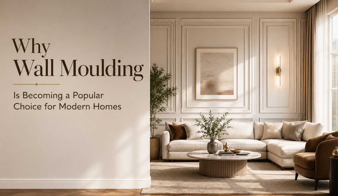 Sage green picture-frame wall moulding behind a beige sectional sofa in a modern Bangalore living room