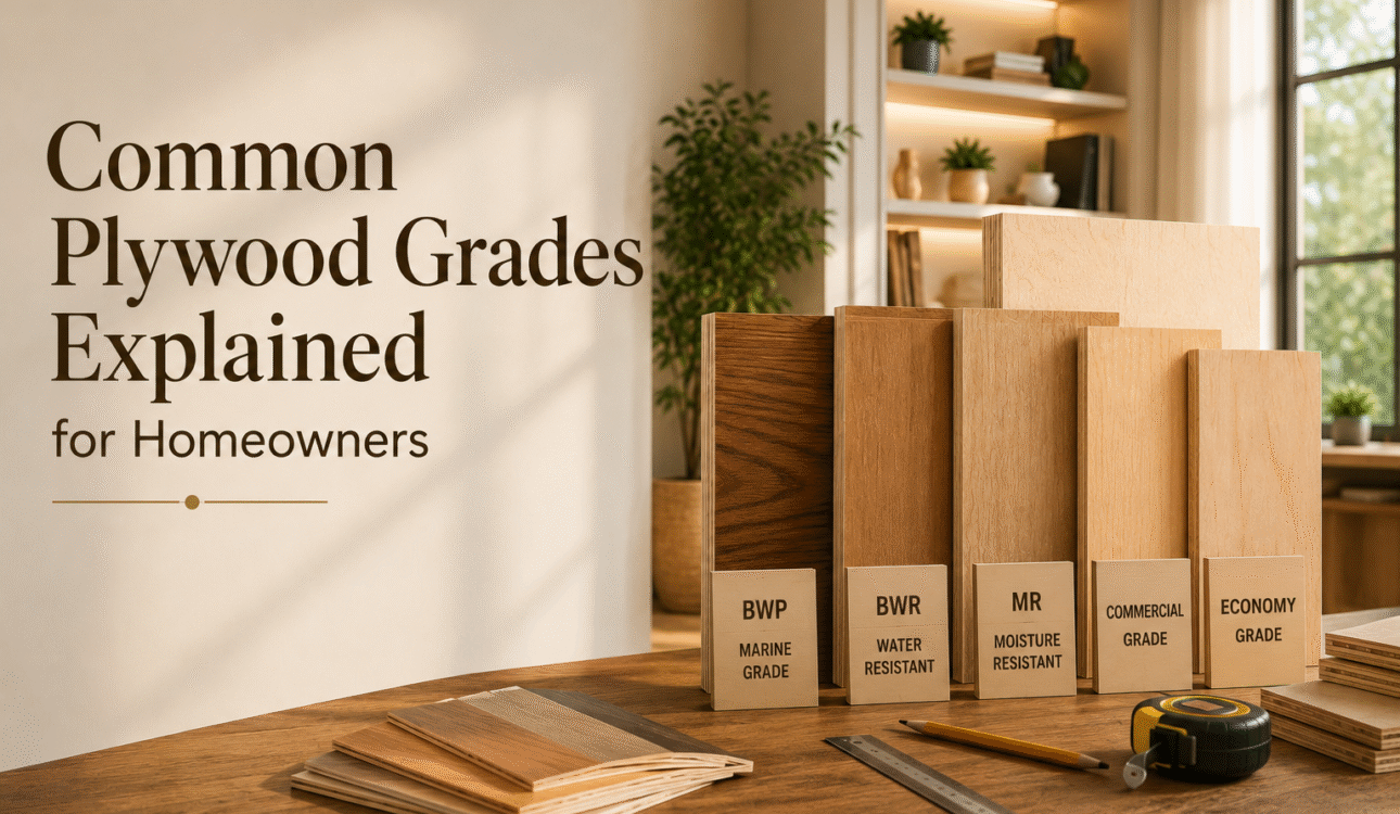 Plywood grades in Bangalore — BWP marine, BWR, MR moisture-resistant, commercial and economy grade sample boards compared