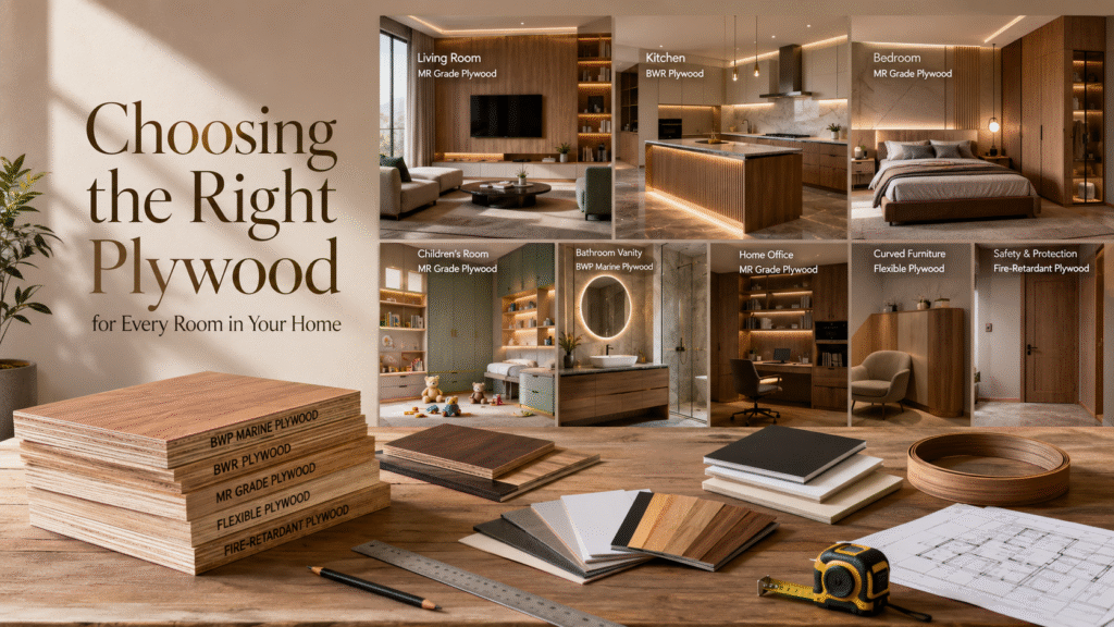 Plywood for every room in Bangalore — grade recommendations for living room, kitchen, bedroom, bathroom vanity and home office