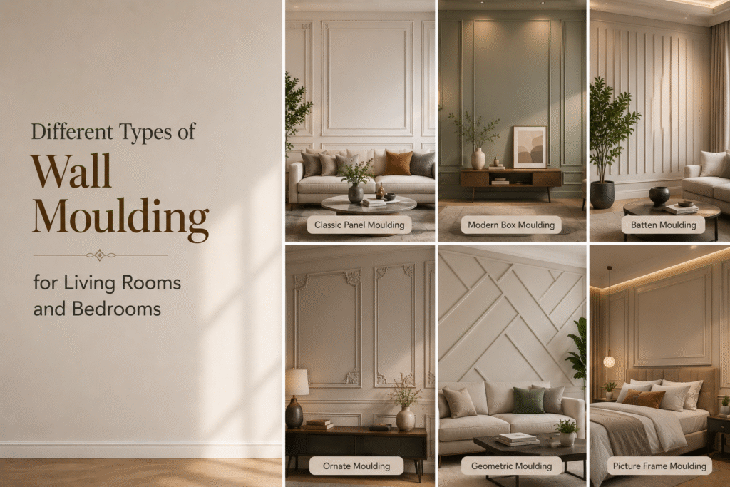 Types of wall moulding for living rooms and bedrooms — classic panel, modern box, batten, ornate, geometric and picture frame styles