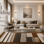 Wall moulding profile samples on a table in front of an elegant living room with panel moulding walls