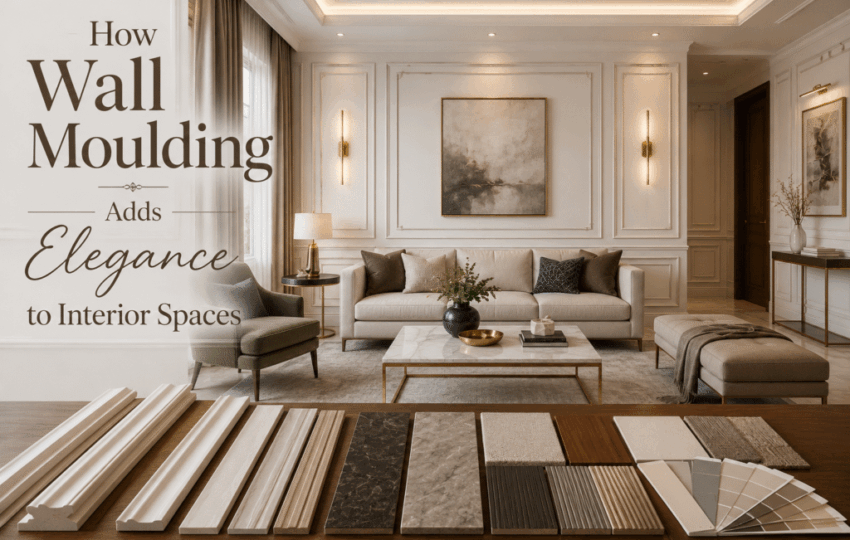 Wall moulding profile samples on a table in front of an elegant living room with panel moulding walls