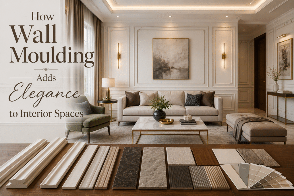 Wall moulding profile samples on a table in front of an elegant living room with panel moulding walls