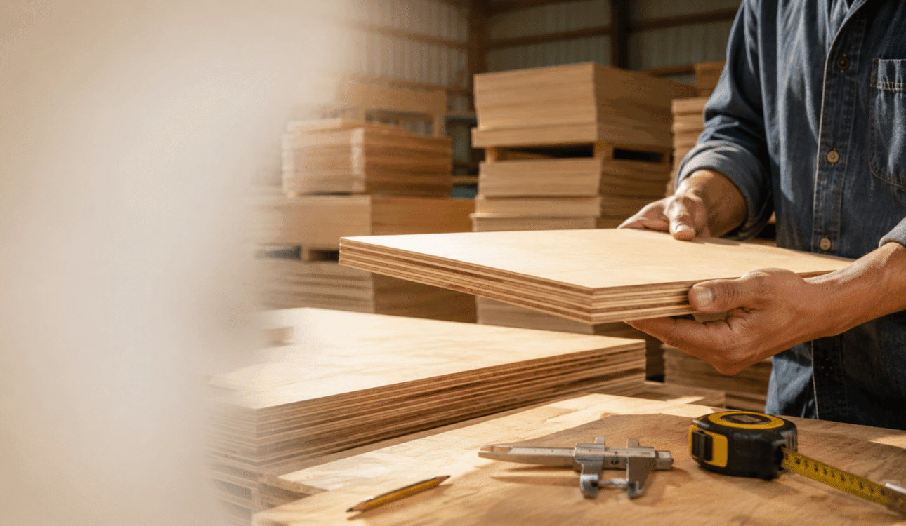 Man inspecting the edge of a plywood sheet at a dealer shop to check plywood quality in Bangalore