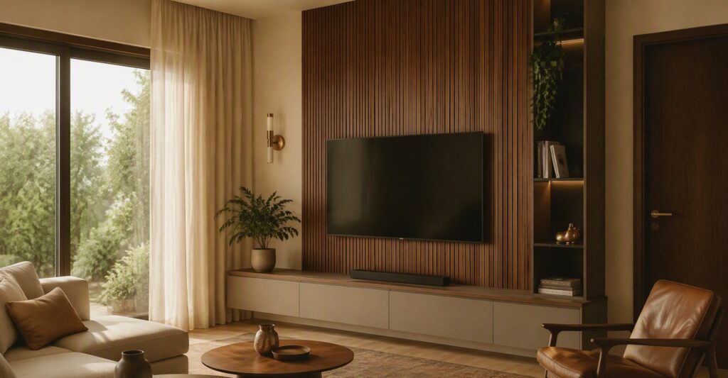 Laminates, veneers and decorative panels in Bangalore — a fluted wood accent wall and warm living room styling