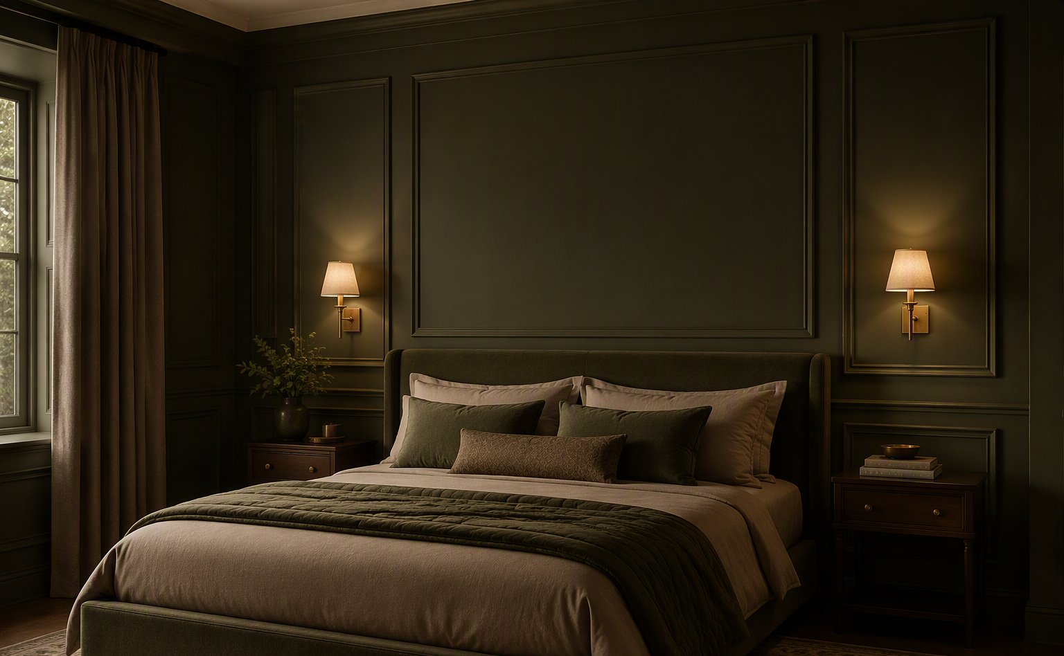Tonal olive wall moulding in a bedroom with wall sconces