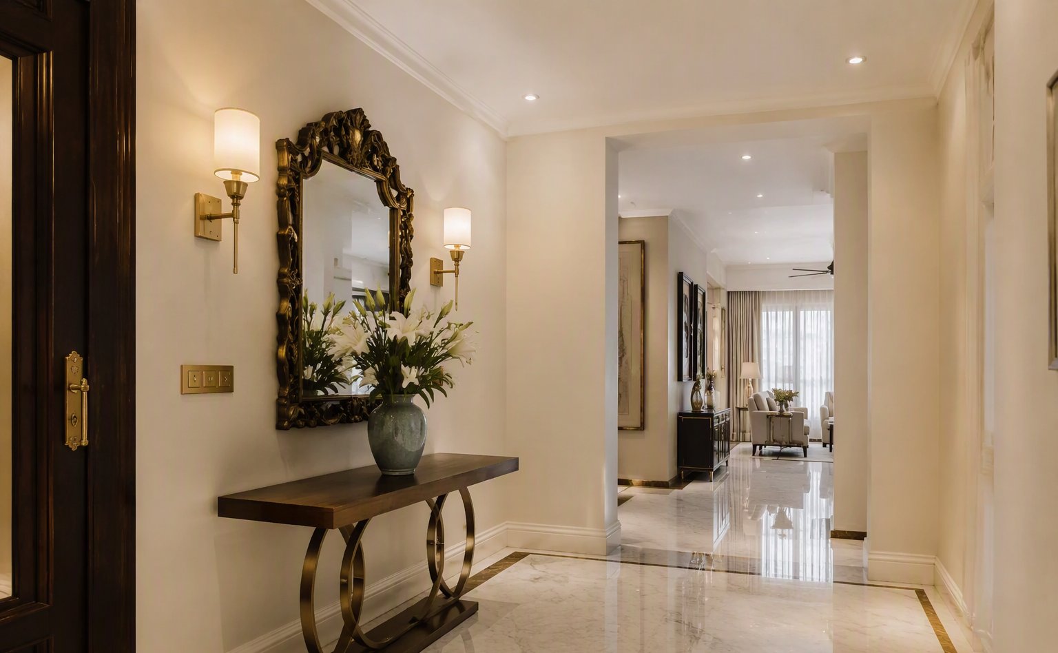 Wall moulding crown and baseboard in an elegant foyer