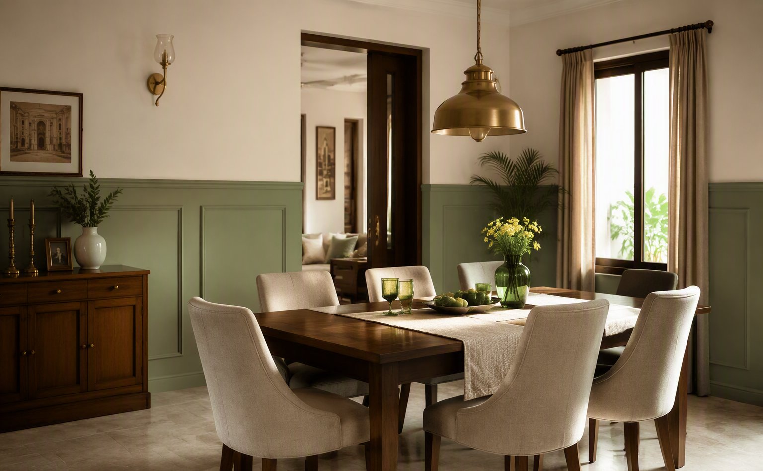 Wall moulding wainscoting in a sage green dining room