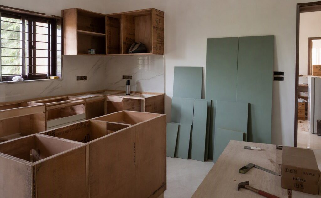 Plywood for every room in Bangalore — a modular kitchen mid-installation with exposed cabinet carcasses