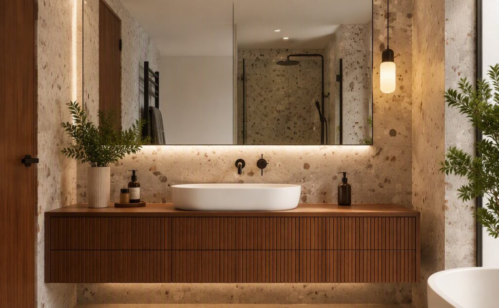 A floating wood bathroom vanity with a vessel sink against a terrazzo wall