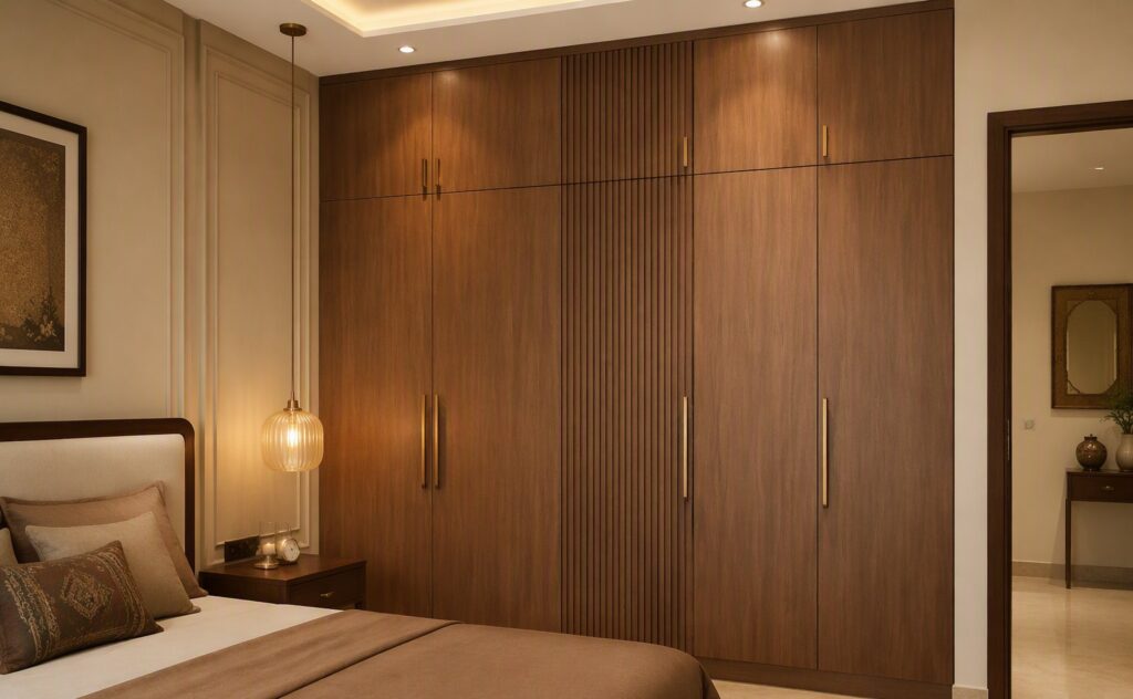 A floor-to-ceiling walnut wardrobe with a fluted centre panel and brass handles