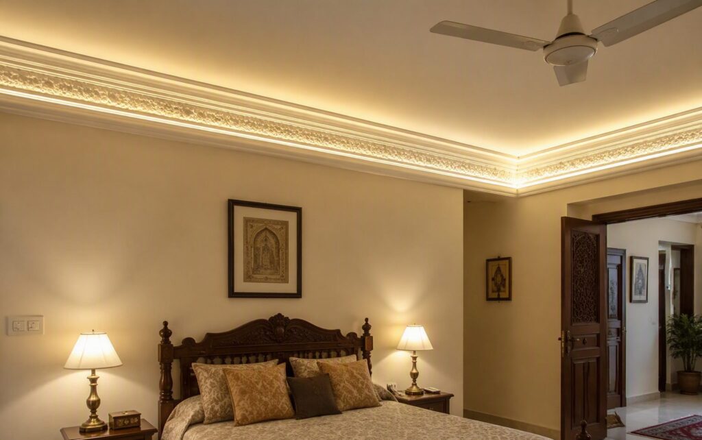 White POP crown moulding cornice with cove lighting where the wall meets the ceiling