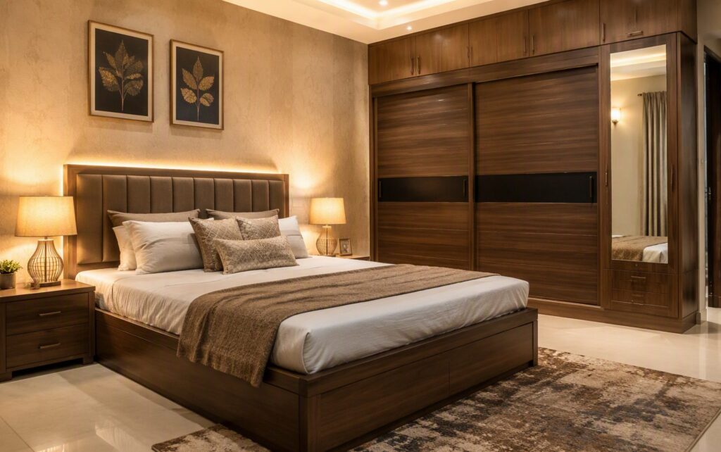 Bedroom with a plywood hydraulic storage bed and sliding-door wardrobe in warm wood laminate finish