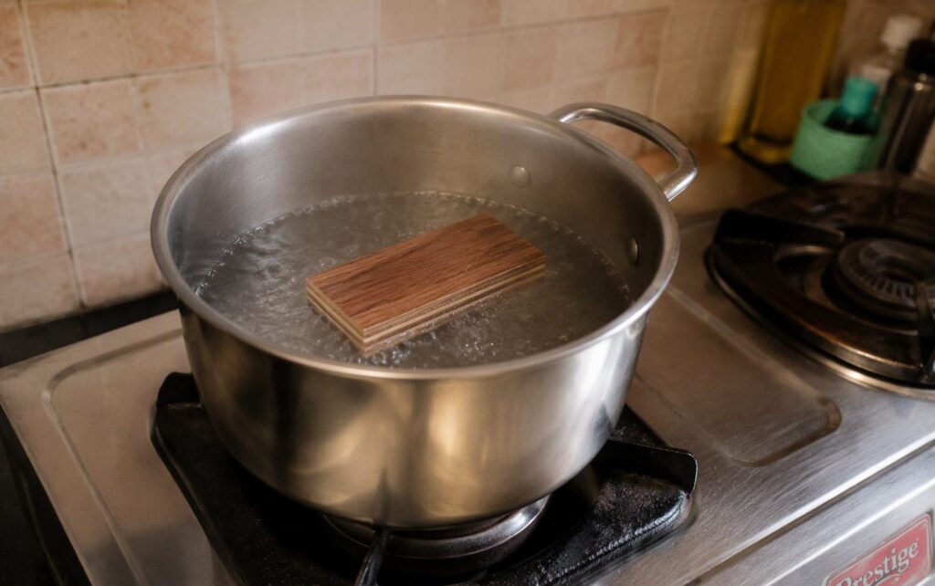 A small plywood sample boiling in a pot of water on a gas stove to test waterproof grade
