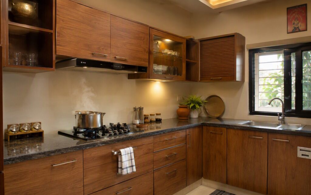 Indian modular kitchen with plywood cabinets, granite counter, hob and sink