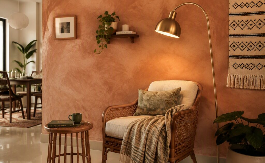 A reading corner with a clay limewash wall, cane armchair and brass lamp