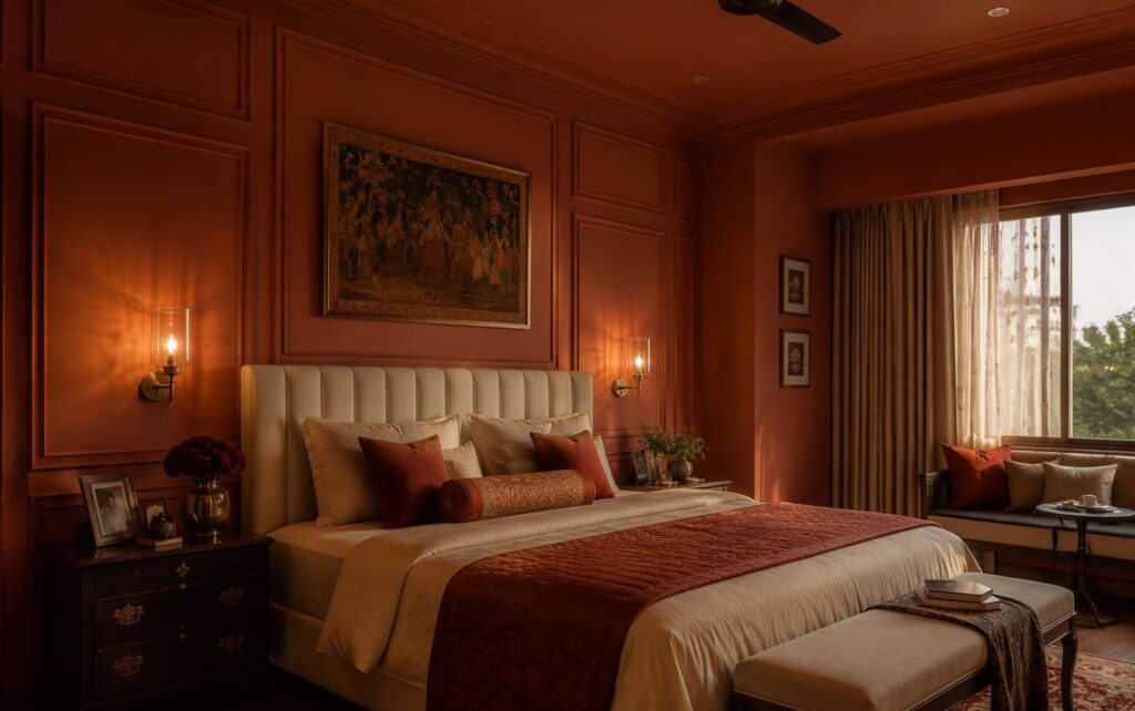 Colour-drenched master bedroom with picture frame moulding, walls and ceiling in one deep terracotta hue