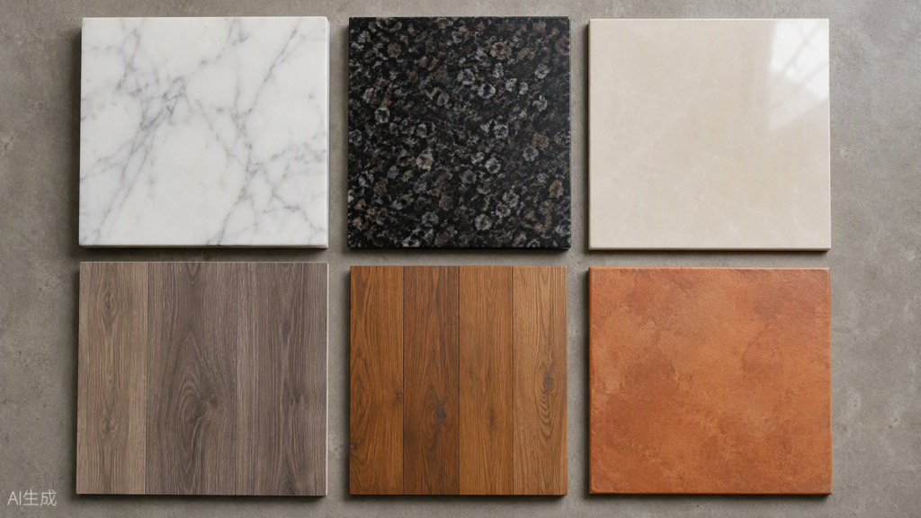 Interior materials in Bangalore — flooring samples compared side by side: marble, granite, vitrified tile, laminate, wood and terracotta