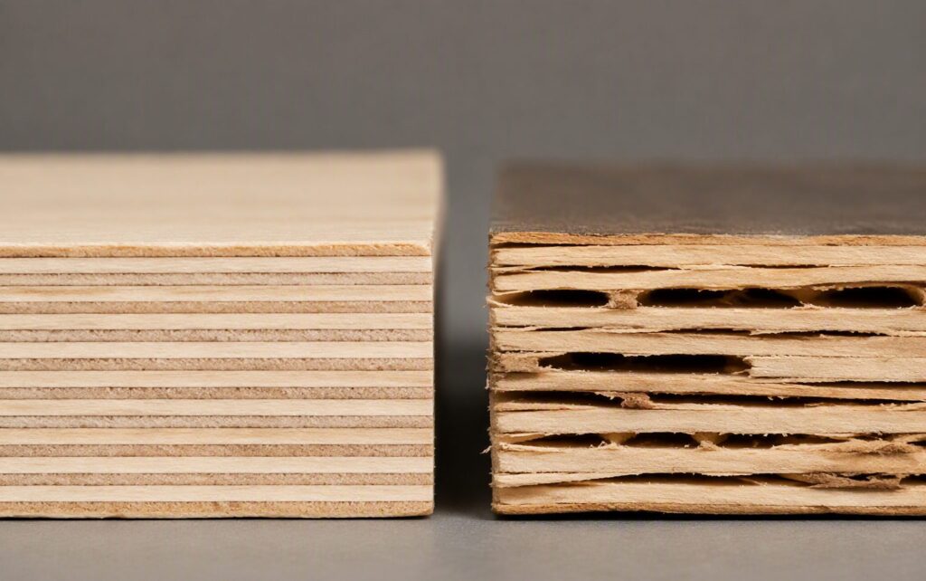 Comparison of a good plywood edge with tight even layers versus a bad plywood edge with voids and gaps, a key step to check plywood quality in Bangalore
