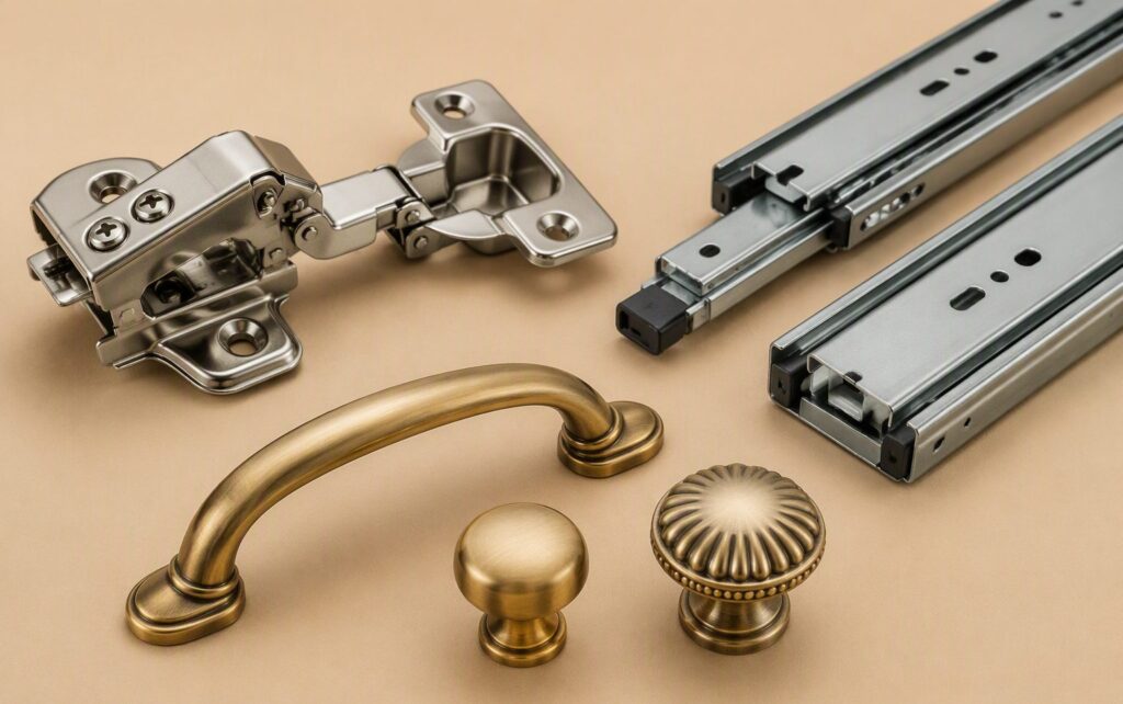 Soft-close cabinet hinge, ball-bearing drawer channels and brass cabinet handles and knobs used in home renovation materials in Bangalore