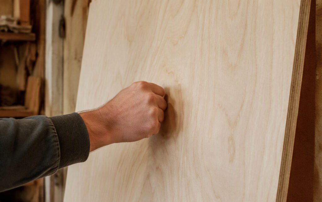 Knuckles tapping a plywood sheet surface to listen for hollow sounds during a plywood quality check