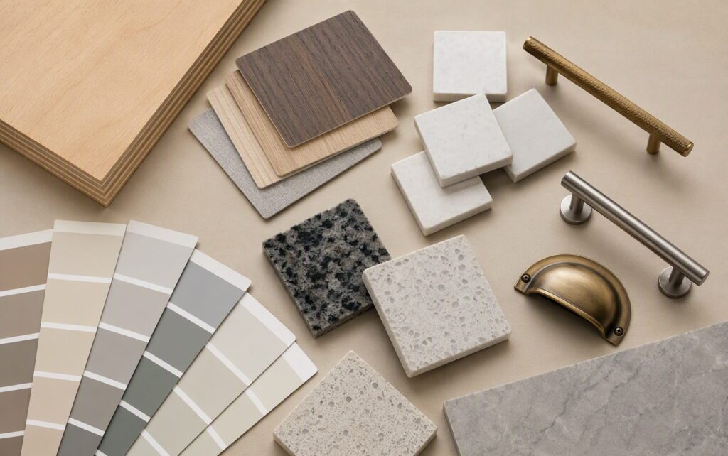 Flat lay of plywood, laminate, veneer, marble, granite, quartz samples, paint swatches and brass hardware for home renovation materials in Bangalore