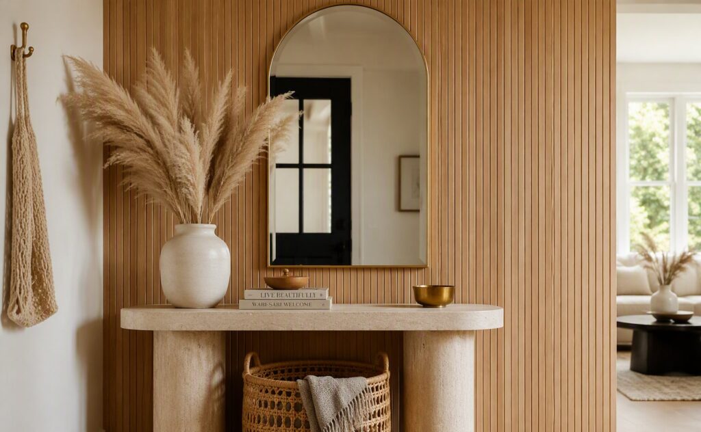 An entryway vignette mixing fluted oak, travertine, brass and cane