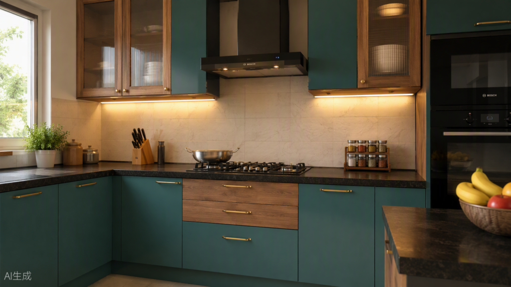 A modular kitchen with laminate shutters, dark granite countertop and warm under-cabinet lighting