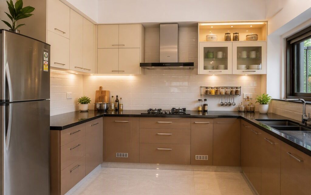 Finished modular kitchen with laminate cabinets and black granite countertop, an example of home renovation materials in Bangalore kitchens