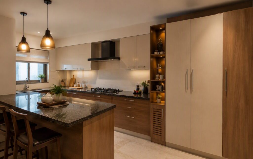 Modular kitchen with plywood base cabinets, tall units and laminate shutters, one of the most common plywood applications in Bangalore kitchens