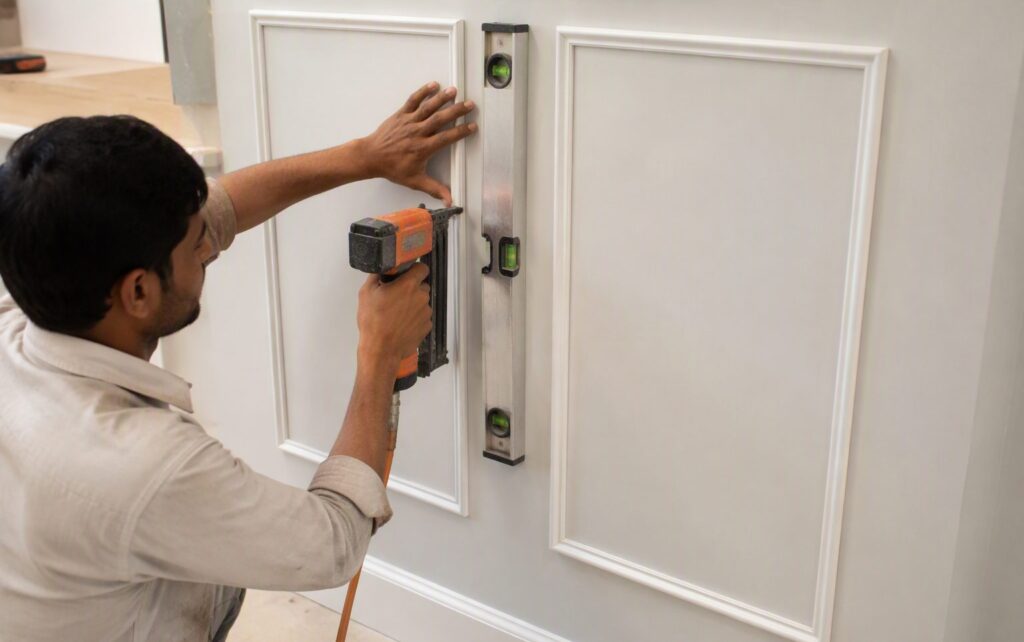 Carpenter installing picture frame wall moulding trim with a spirit level in an apartment