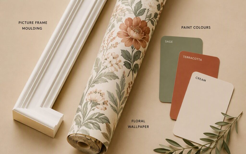 Flat lay comparing wall moulding trim, wallpaper roll and paint swatches