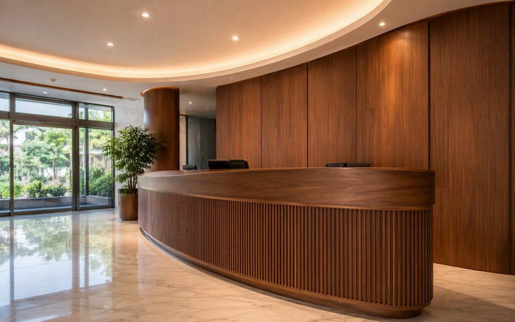 Office reception with a curved wood-veneered plywood counter wrapped over a flexible plywood frame