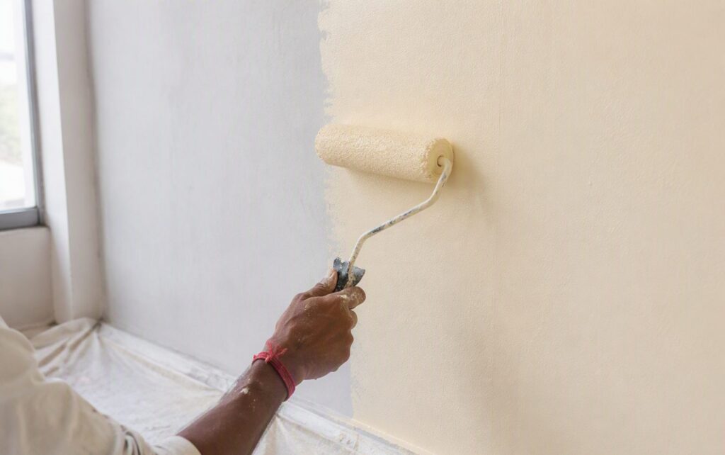 Painter applying cream emulsion paint with a roller on an interior wall