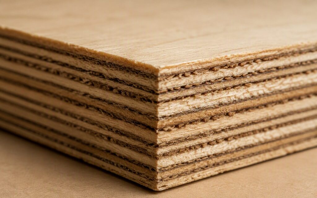 Plywood grades in Bangalore — close-up of plywood edge showing cross-laminated veneer layers separated by glue lines