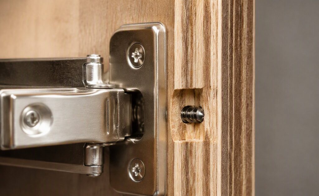 Quality Plywood in Bangalore - A soft-close hinge screwed into the crisp layered edge of a plywood board