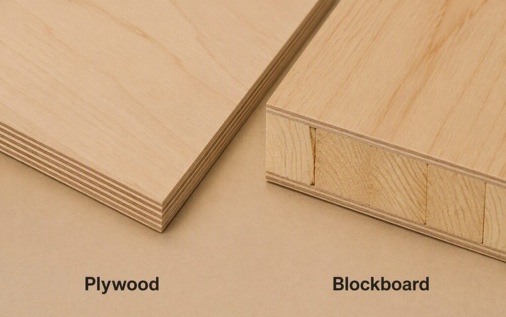 Comparison of plywood's layered veneer core versus blockboard's softwood strip core