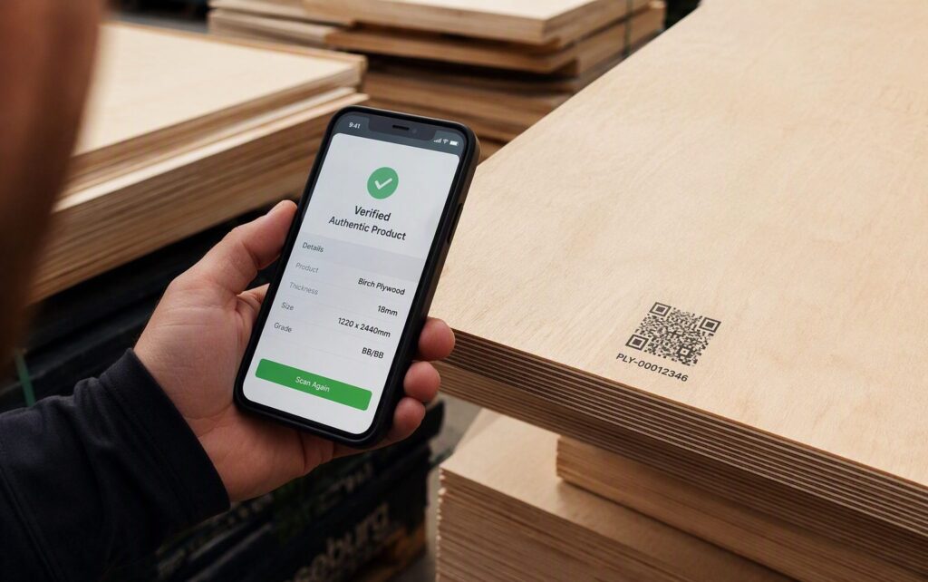 Smartphone scanning a QR code on a plywood sheet showing a verified authentic product result, used to check plywood quality in Bangalore