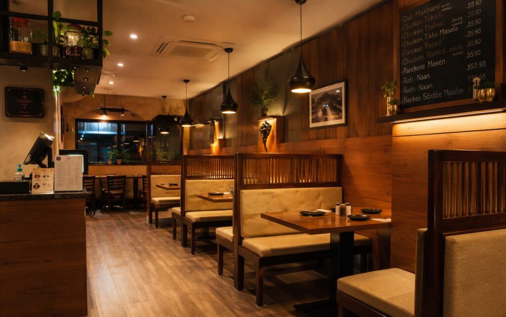 Restaurant interior with plywood booth seating and wood wall paneling, a common commercial plywood application in Bangalore