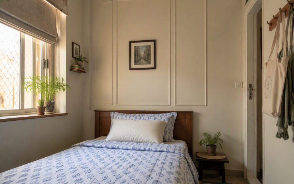 Compact bedroom showing the wall moulding trend in Bangalore with tone-on-tone vertical picture frame moulding