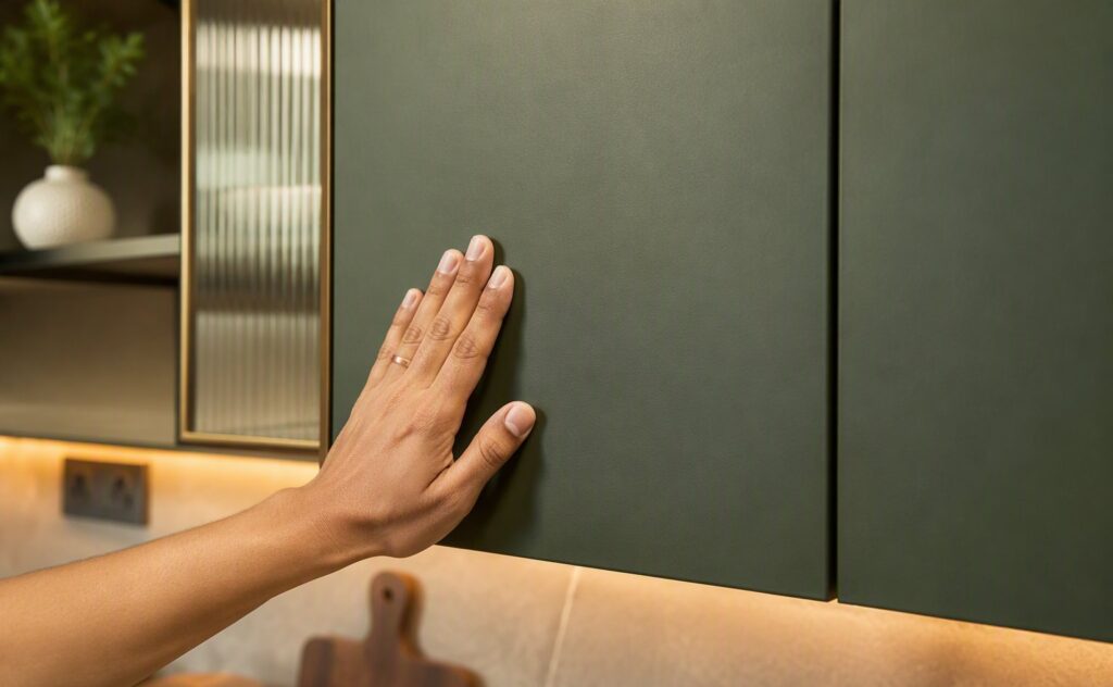 Interior Material Trends in Bangalore - A hand touching a deep green super-matte anti-fingerprint kitchen cabinet