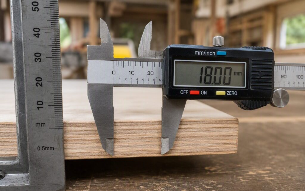 Digital caliper measuring an 18mm plywood sheet thickness against a steel ruler