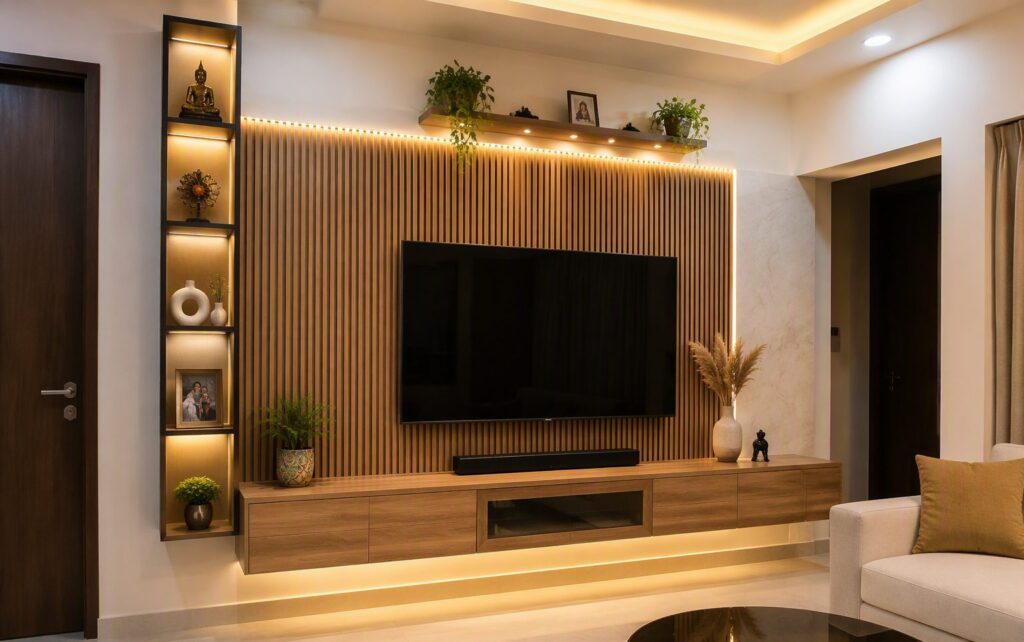Living room TV wall with fluted plywood wood paneling, floating console and lit display niche