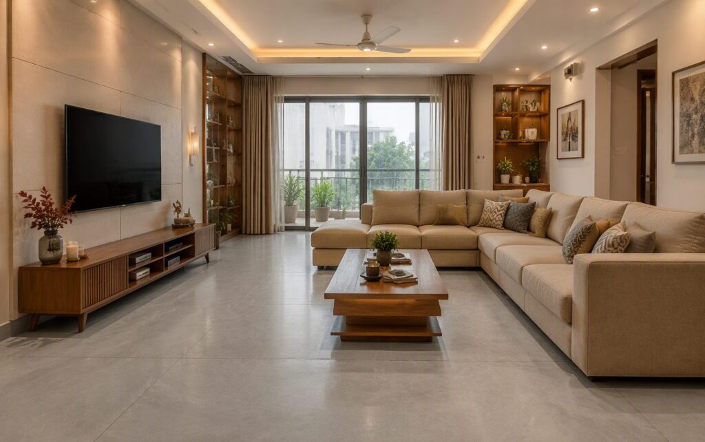 Living room with large-format grey vitrified tile flooring, sectional sofa and false ceiling