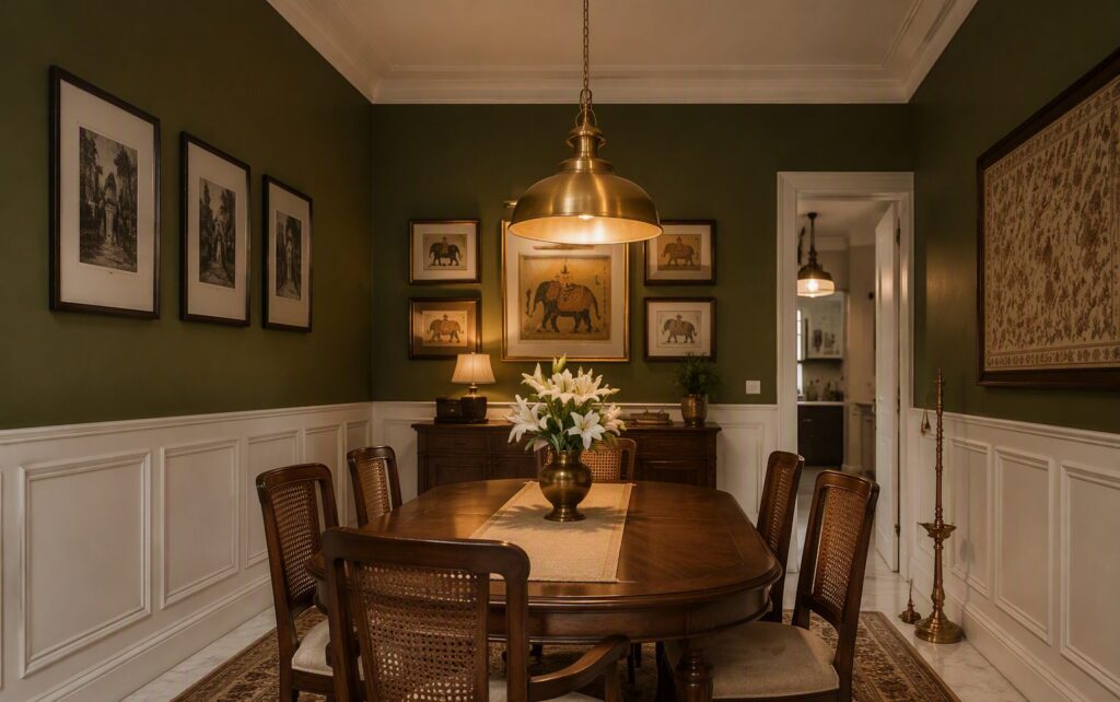 Dining room with white wainscoting and deep olive green walls, brass pendant light